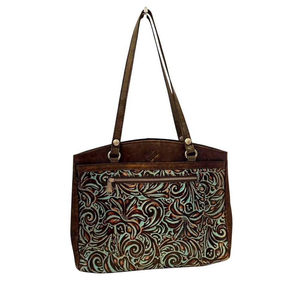Patricia Nash Poppy Top Zip Tote Turquoise Embossed Leather Floral Design 14x10 - Picture 2 of 16